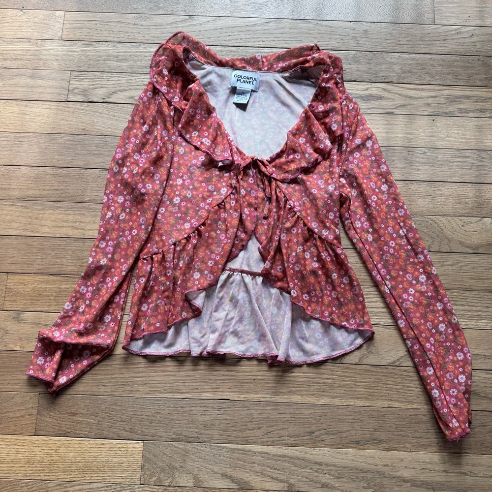 Girls Pink floral long sleeve top with ruffles size XL (14-16)